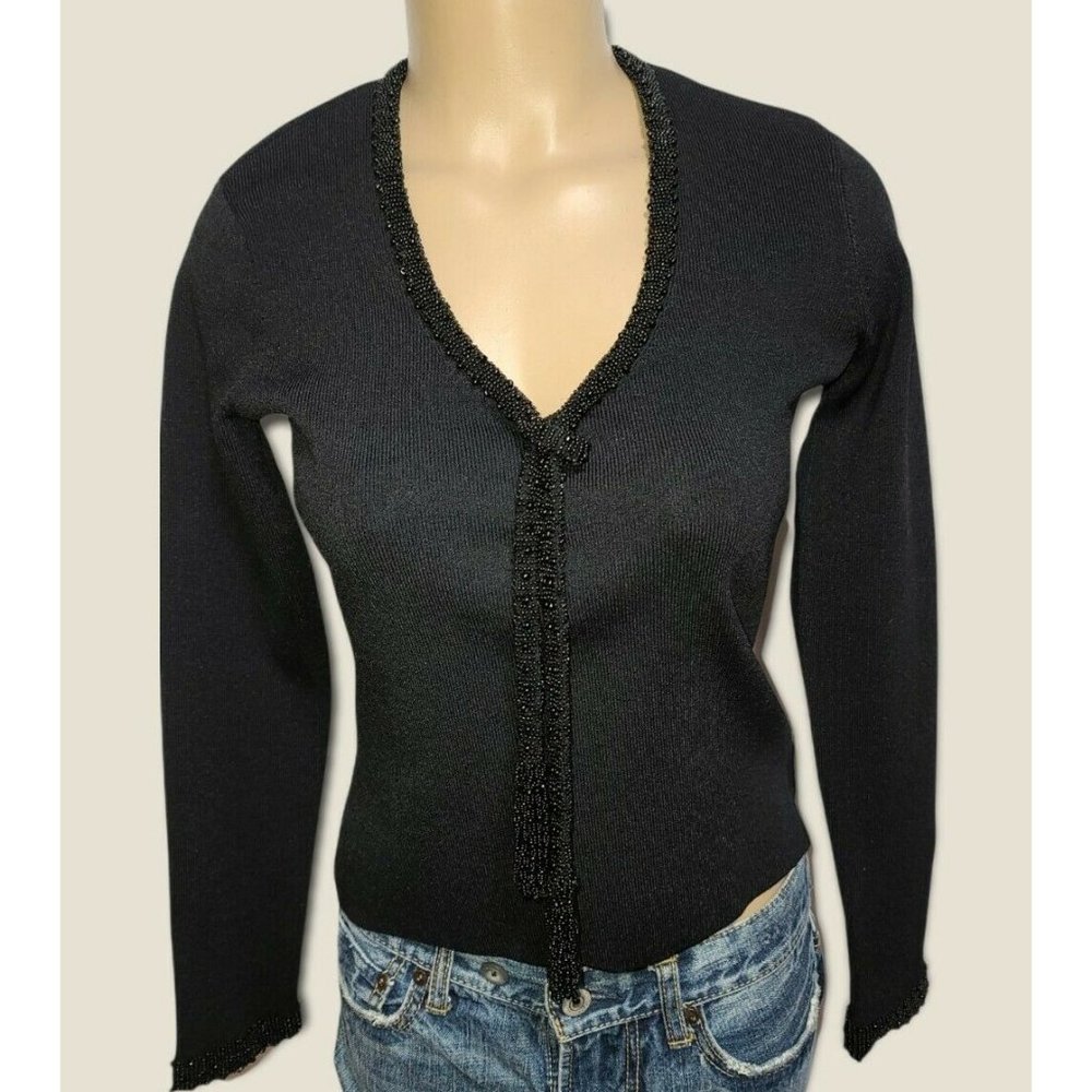 Dana Buchman Dressy Black Long Sleeve Top Beaded Neck / Tassel / Cuff Sz S.  WT1